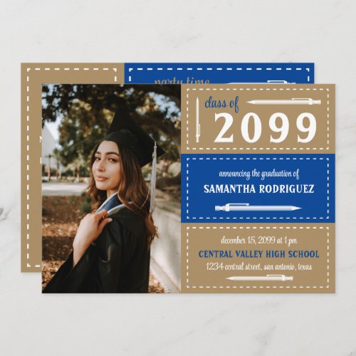 Blue  Gold Dotted Boxes and Pencils Graduation Invitation