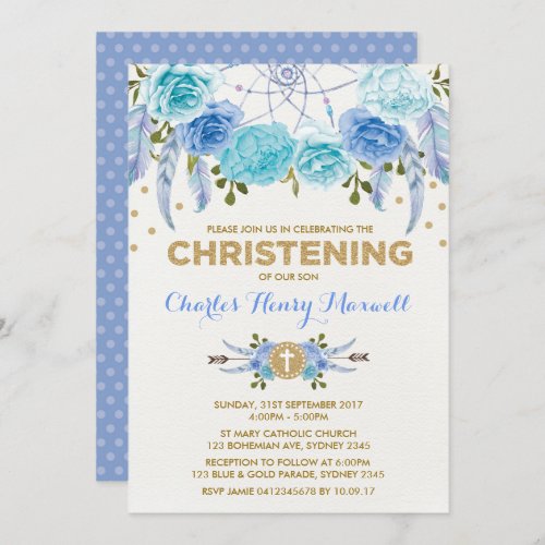 Blue Gold Dreamcatcher Floral Boy Christening Invitation