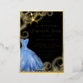 Blue Gold Dress Masquerade Party Quinceanera Foil Invitation (Standing Front)