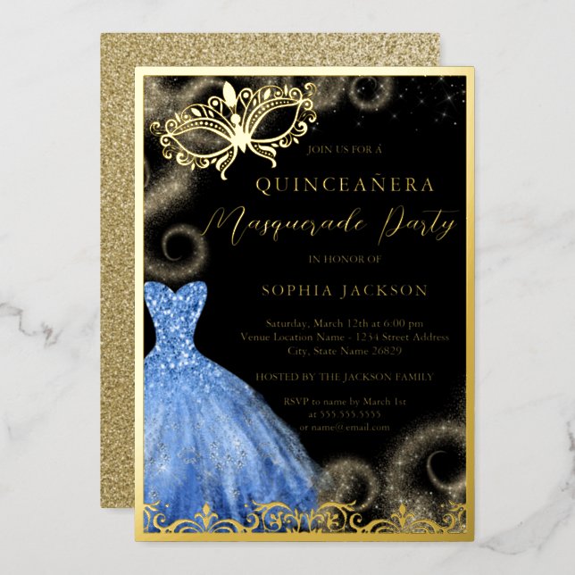 Blue Gold Dress Masquerade Party Quinceanera Foil Invitation (Front/Back)