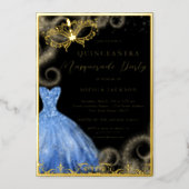 Blue Gold Dress Masquerade Party Quinceanera Foil Invitation (Front)