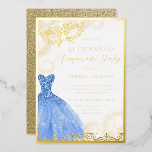 Blue Gold Dress Masquerade Party Quinceanera  Foil Invitation