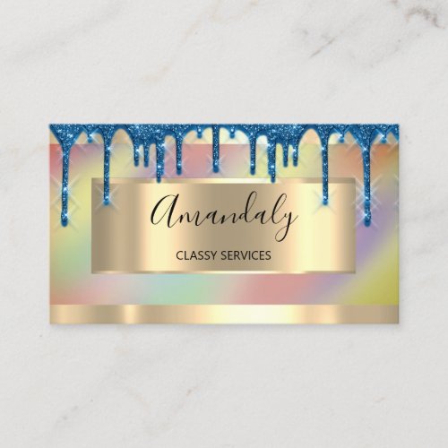 Blue  Gold Drips Framed Holograph Business Card