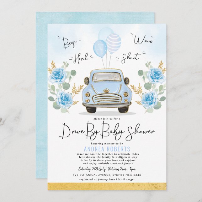 Blue Gold Drive By Baby Shower Greenery Retro Car Invitation (Front/Back)