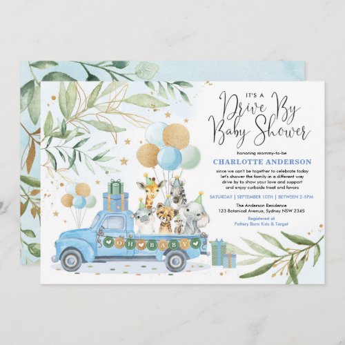 Blue Gold Drive By Safari Animals Boy Baby Shower Invitation