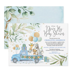 Blue Gold Drive By Safari Animals Boy Baby Shower Invitation