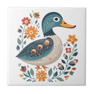 Blue Gold Duck Scandinavian Folk Art Ceramic Tile
