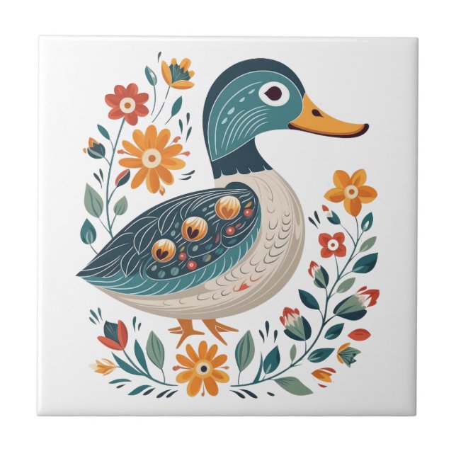 Blue Gold Duck Scandinavian Folk Art Ceramic Tile (Front)