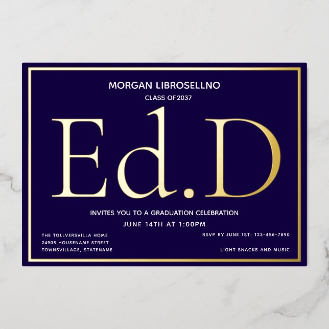 Blue Gold Ed.D Graduation Foil Invitation (Front)