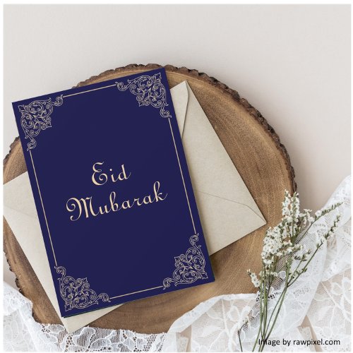 Blue Gold Eid Mubarak Flat Holiday Card