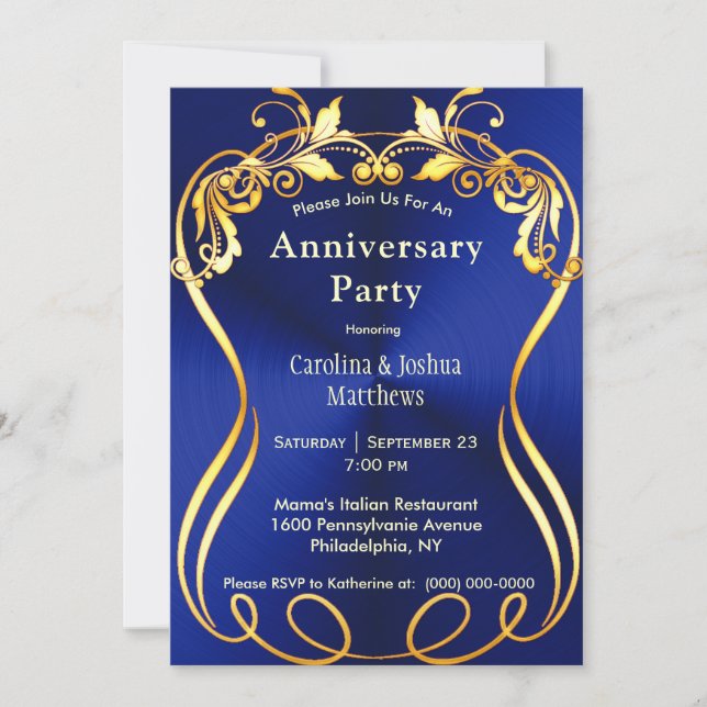 Blue Gold Elegant Anniversary Invitation (Front)