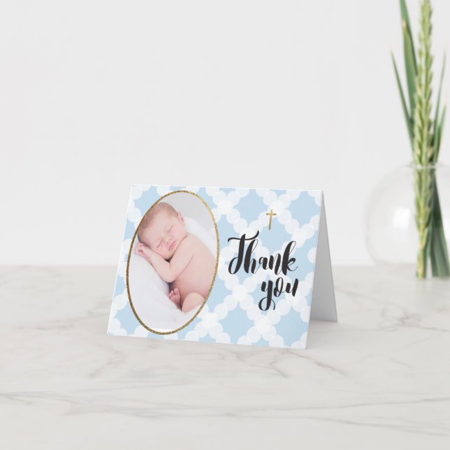 Blue Gold Elegant Baptism Baby photo Thank You Card (Front)