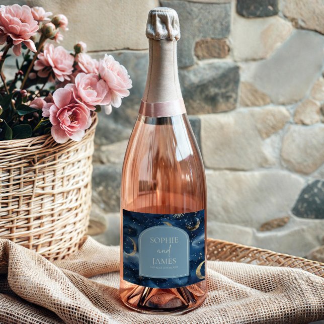 Blue Gold Elegant Celestial Starry Sky Wedding Sparkling Wine Label (Creator Uploaded)