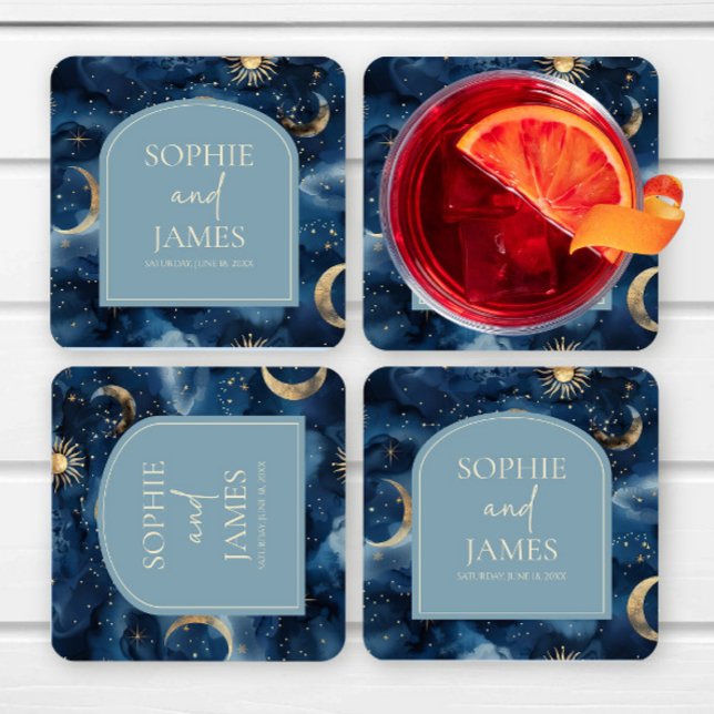 Blue Gold Elegant Celestial Starry Sky Wedding Square Paper Coaster (Creator Uploaded)