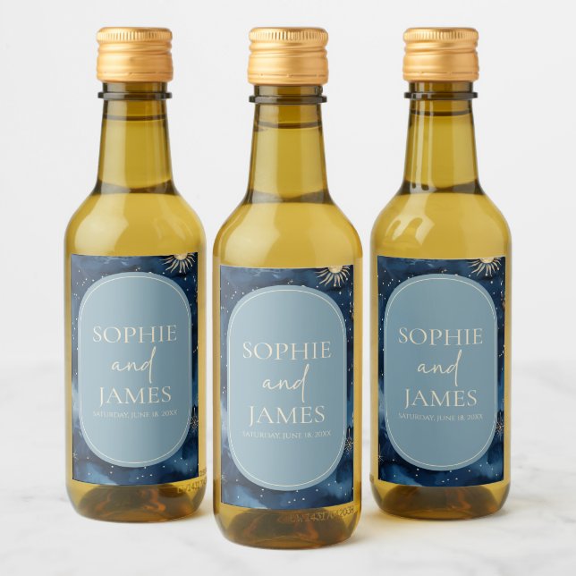 Blue Gold Elegant Celestial Starry Sky Wedding Wine Label (Bottles)