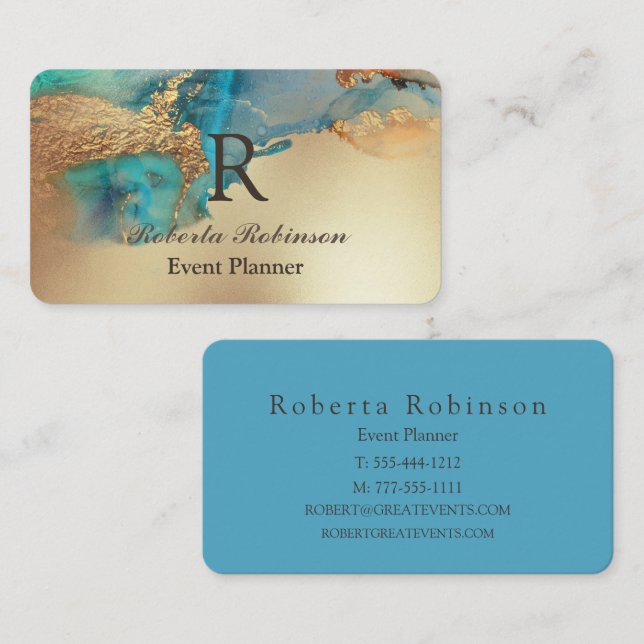 Blue Gold Elegant Marble Modern Business Card (Front/Back)