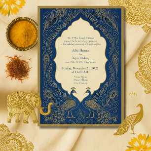 blue gold Elegant Peacock Hindu Wedding Invitation