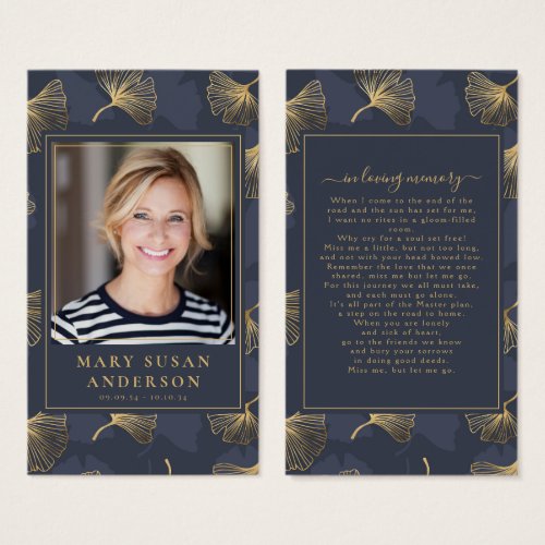 Blue Gold Elegant Photo Funeral Memorial Poem Card