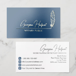 Blue & Gold Elegant Quill Pen Notary Public Foil Business Cards
