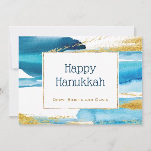 Blue Gold Elegant Watecolor Hanukkah Holiday Card