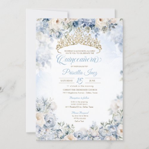 Blue Gold Elegant Watercolor Floral Quinceaera Invitation