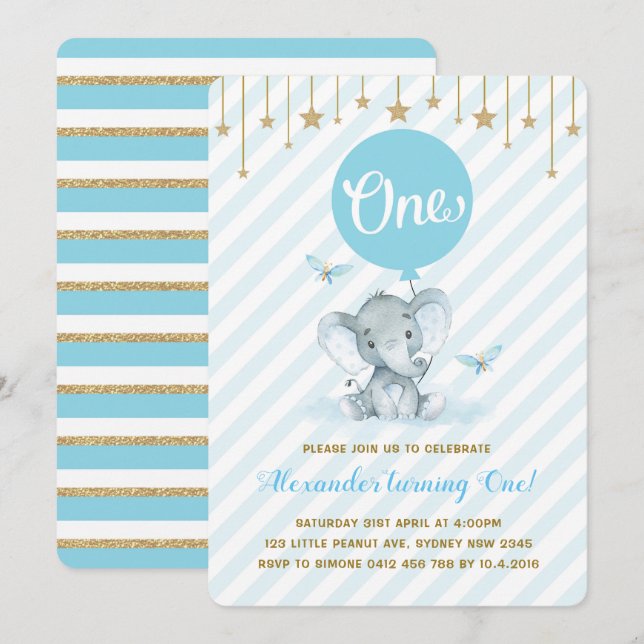 Blue Gold Elephant 1st First Birthday Twinkle Star Invitation (Front/Back)