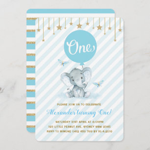 Blue Gold Elephant 1st First Birthday Twinkle Star Invitation