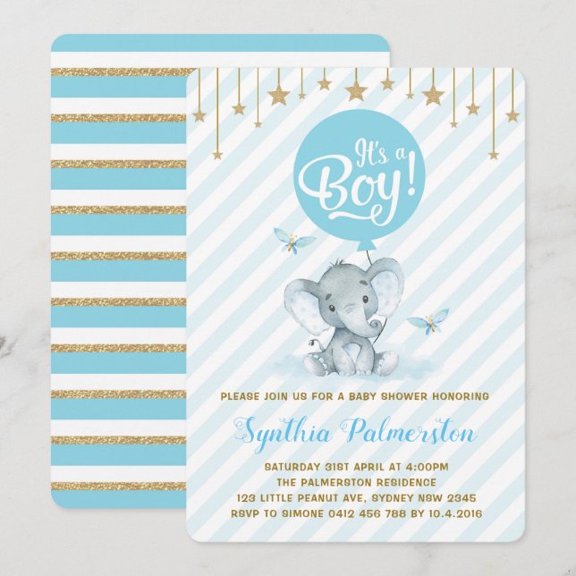 Blue Gold Elephant Baby Shower Twinkle Star Invite (Front/Back)