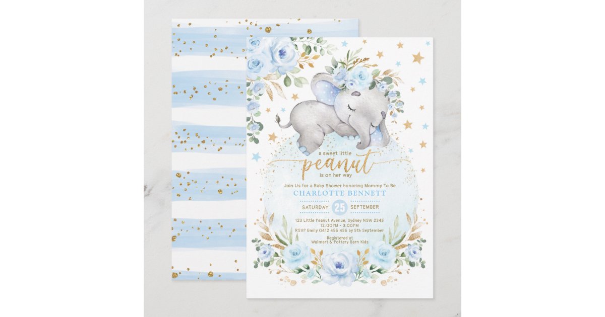 Blue Gold Elephant Floral Moon Stars Baby Shower Invitation | Zazzle