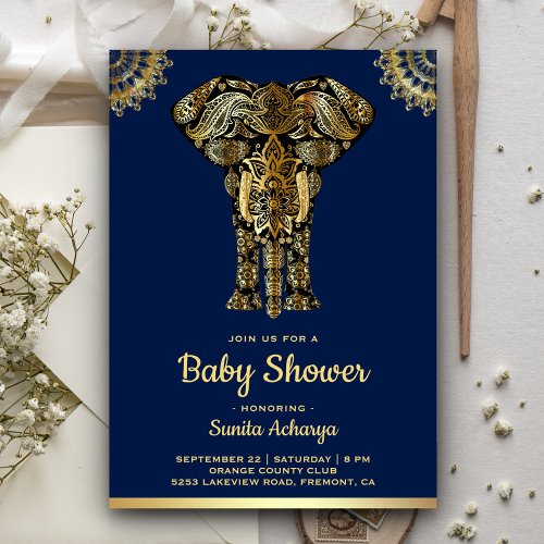 Blue Gold Elephant Indian Baby Shower Invitation