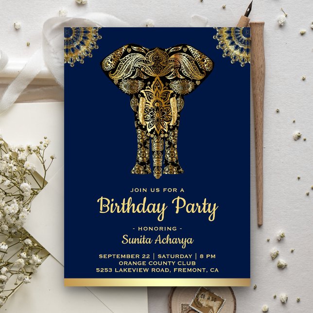 Blue Gold Elephant Indian Birthday Party Invitation