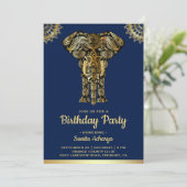 Blue Gold Elephant Indian Birthday Party Invitation (Standing Front)