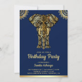 Blue Gold Elephant Indian Birthday Party Invitation (Front)