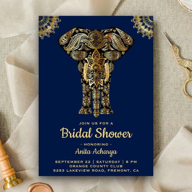 Blue Gold Elephant Indian Bridal Shower Invitation
