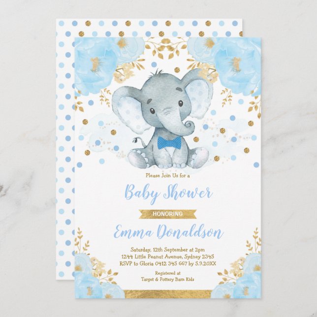 Blue Gold Elephant Little Man Baby Shower Invitation (Front/Back)