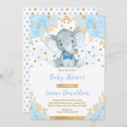Blue Gold Elephant Little Man Baby Shower Invitation
