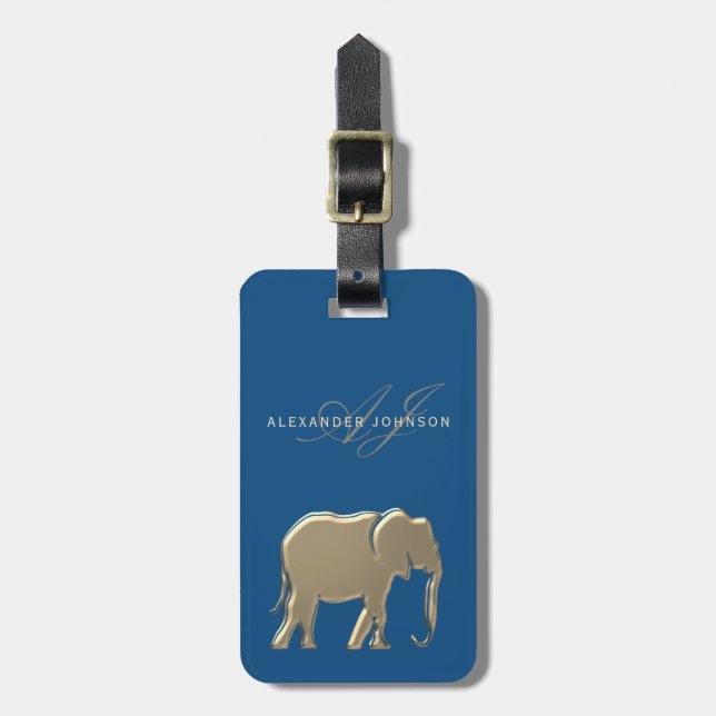 Blue Gold Elephant Monogram  Luggage Tag (Front Vertical)