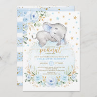 Blue Gold Elephant Moon Stars Boy Baby Shower Invitation