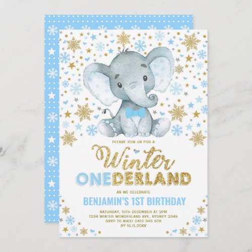 Blue Gold Elephant Winter ONEderland Snowflake Invitation