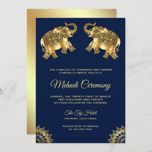 Blue Gold Elephants Indian Henna Mehndi Ceremony Invitation