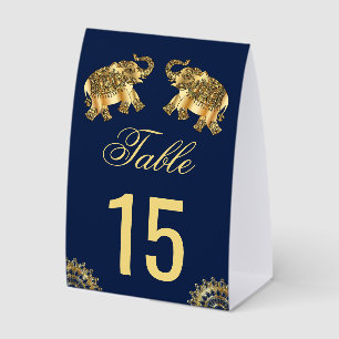 Blue Gold Elephants Indian Wedding Table Number Paper Table Tent