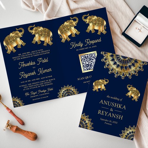 Blue Gold Ethnic Elephants Indian QR Code Wedding Invitation