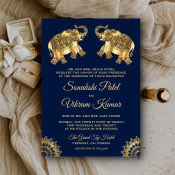 Blue Gold Ethnic Elephants Indian Wedding Invite by ShabzDesigns at Zazzle
