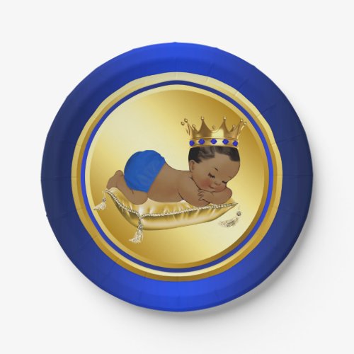 Blue Gold Ethnic Prince Baby Shower Paper Plate