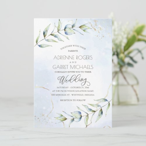 Blue  Gold Eucalyptus Watercolor Wedding Invitation