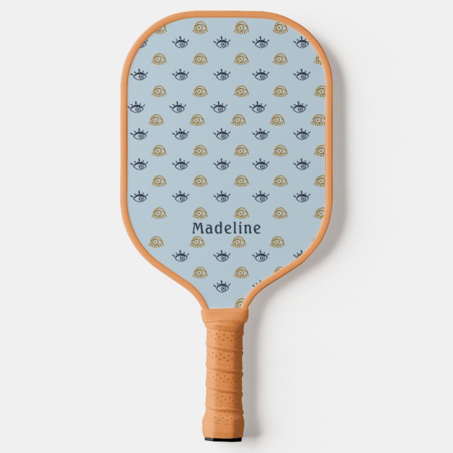 Blue Gold Evil Eye Pattern Monogram First Name Pickleball Paddle (Back)