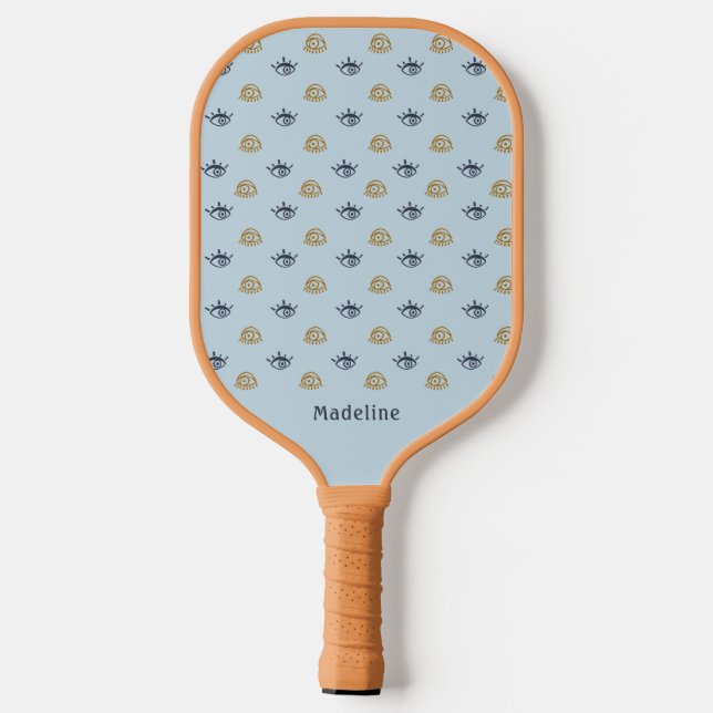 Blue Gold Evil Eye Pattern Monogram First Name Pickleball Paddle (Back)