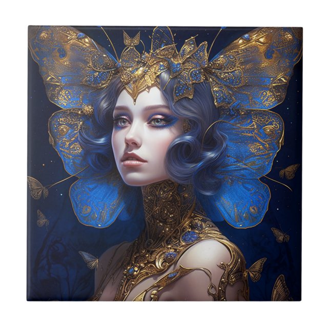 Blue Gold Fairy Fantasy Art Ceramic Tile (Front)