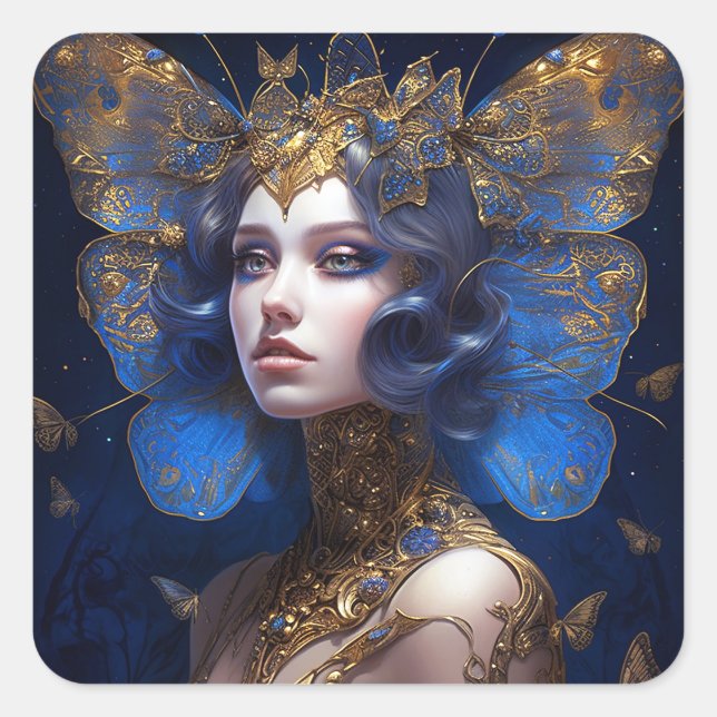 Blue Gold Fairy Fantasy Art Square Sticker (Front)
