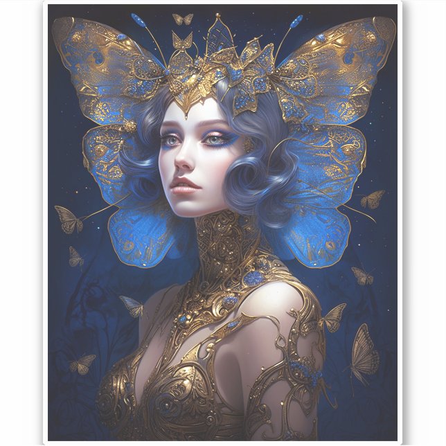 Blue Gold Fairy Fantasy Art Sticker (Front)
